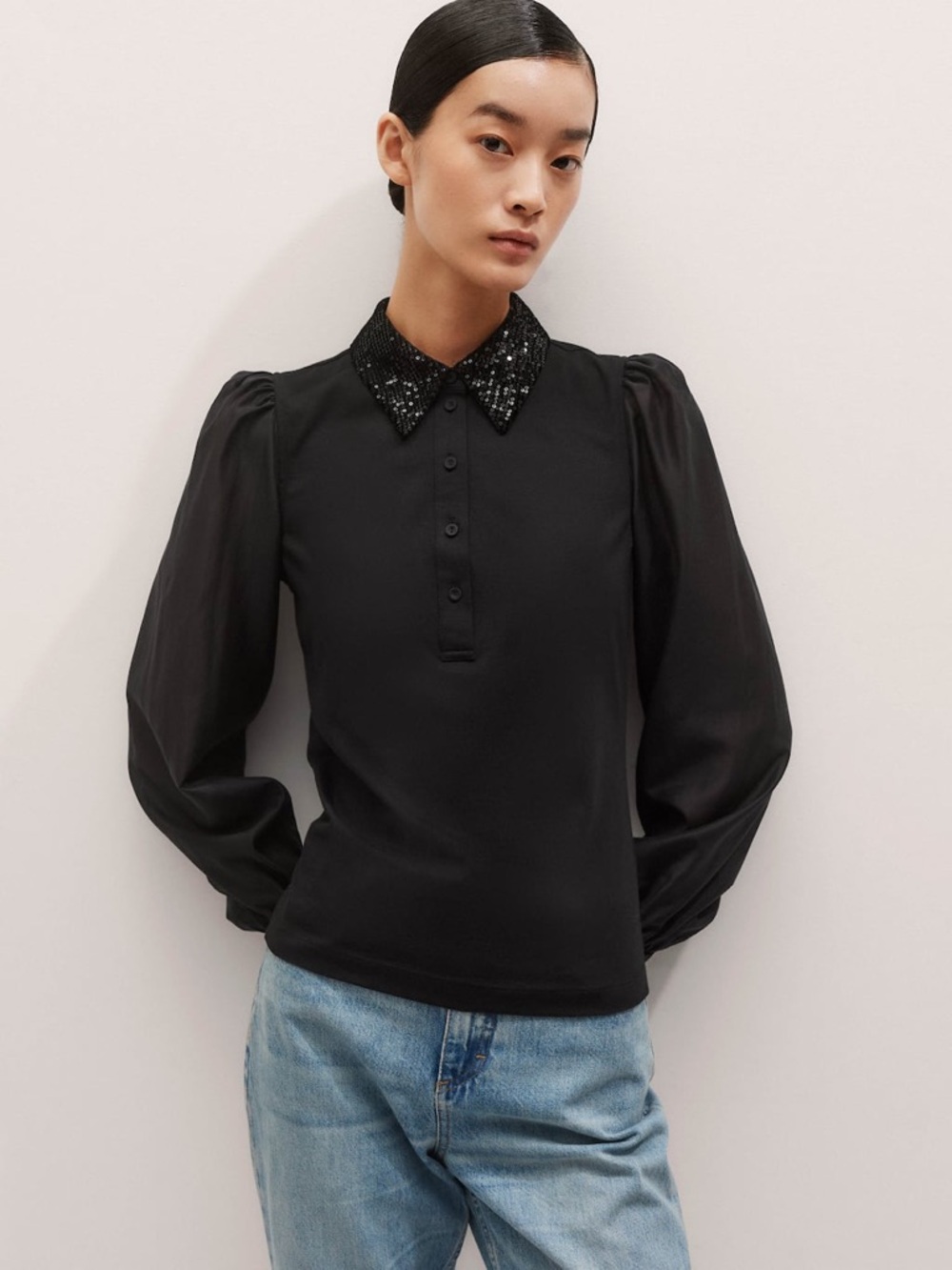 ME+EM Sequin Mixed Media Layering Shirt - Black Sz 12 - Picture 4 of 16